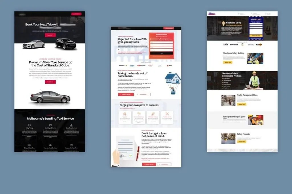 Three custom landing page designs: a chauffeur service, a home loan broker and a warehouse safety company