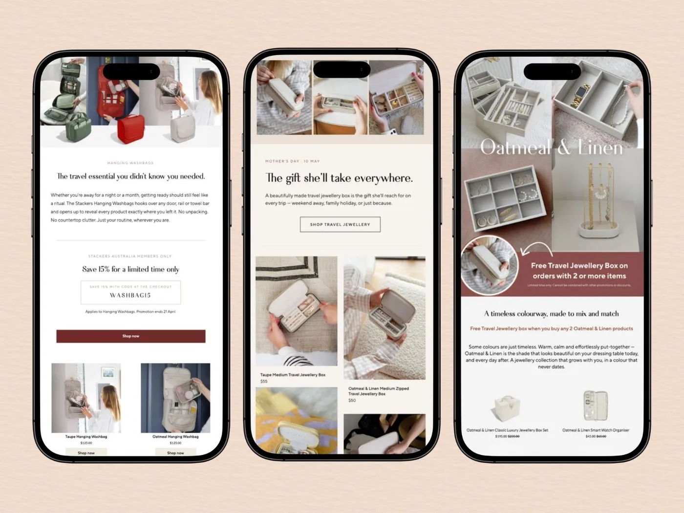Three Stackers Australia marketing emails on mobile phones