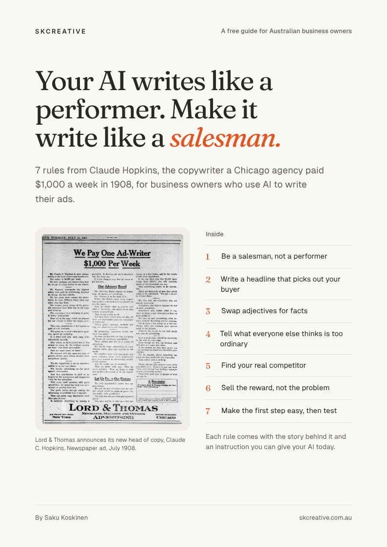 Cover of the free guide Your AI writes like a performer. Make it write like a salesman.