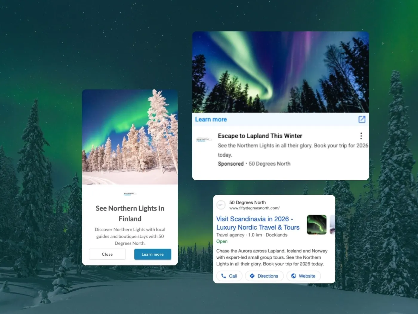 Google search ad and Meta ad for Northern Lights tours in Finland