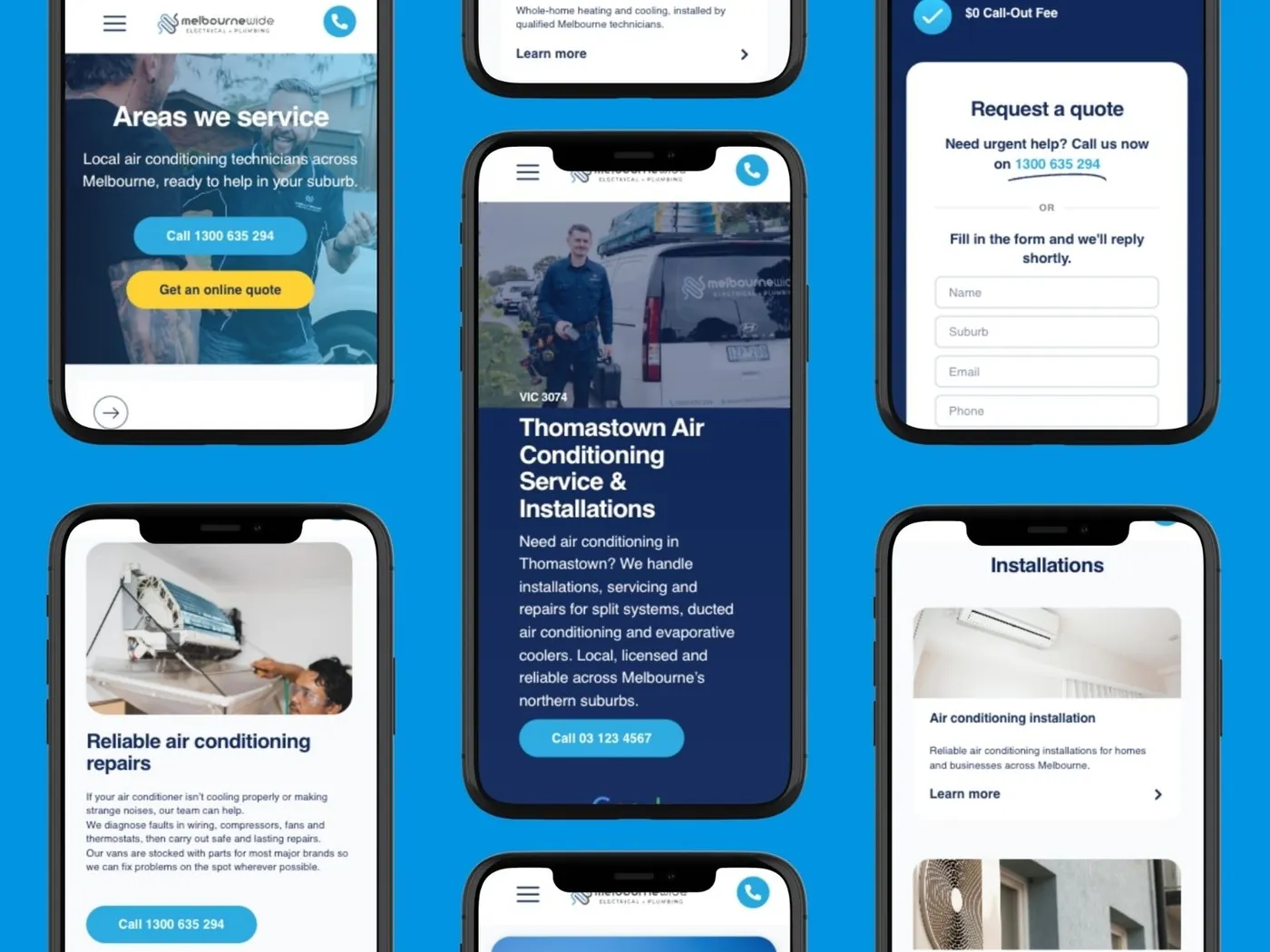 Mobile landing pages for an air conditioning installer in Melbourne, built for Google Ads