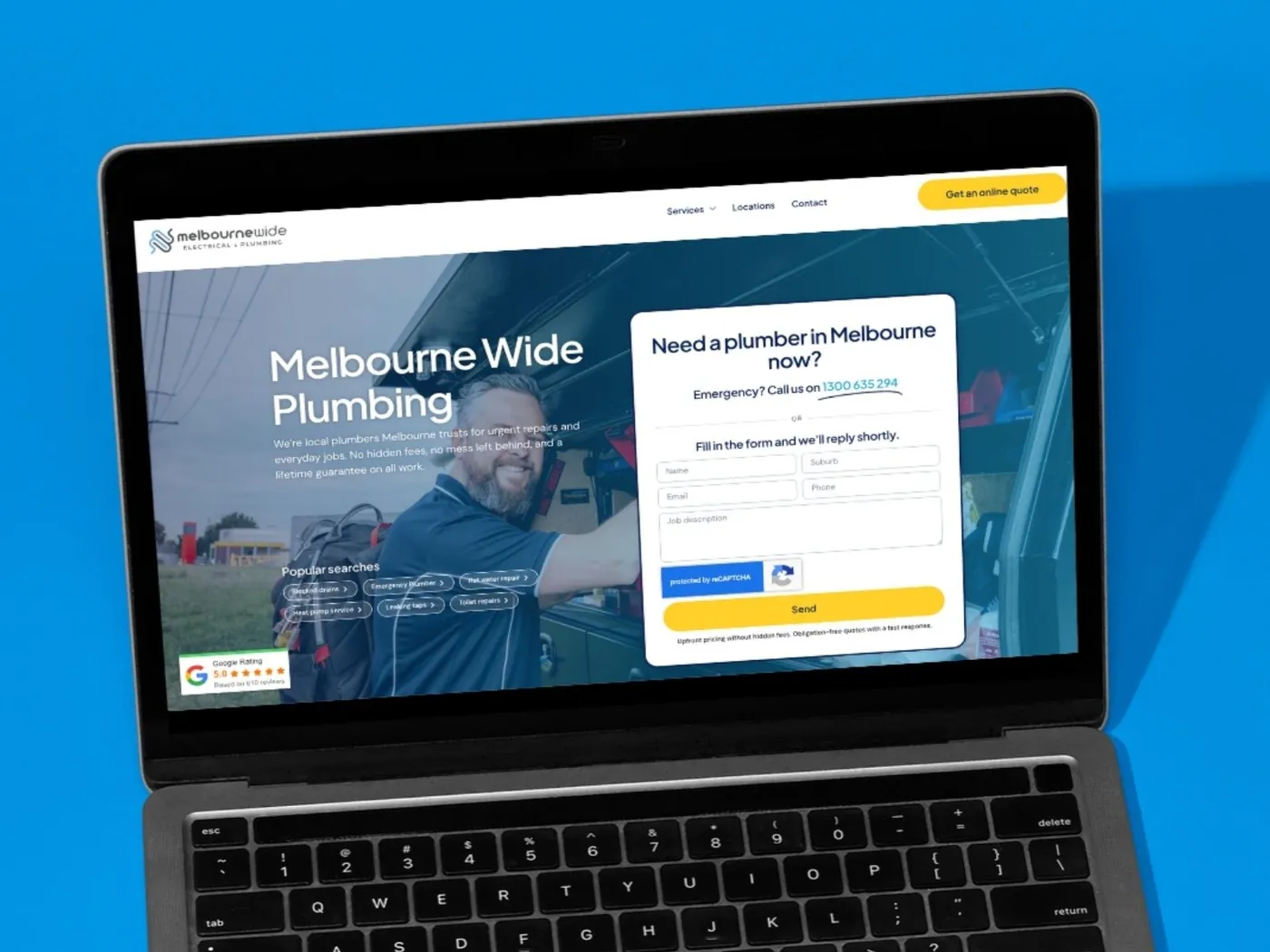 Melbourne Wide Plumbing website on a laptop, with the quote form for plumbing jobs in Melbourne