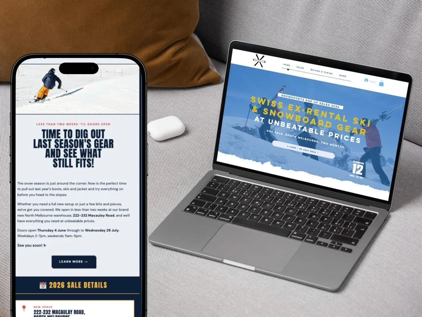 Snowsports pop-up sale website on a laptop and its email campaign on a phone