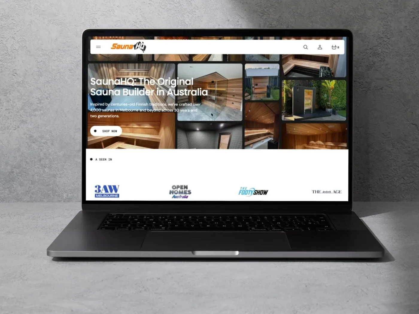 SaunaHQ Shopify store on a laptop, designed and built by SKCREATIVE