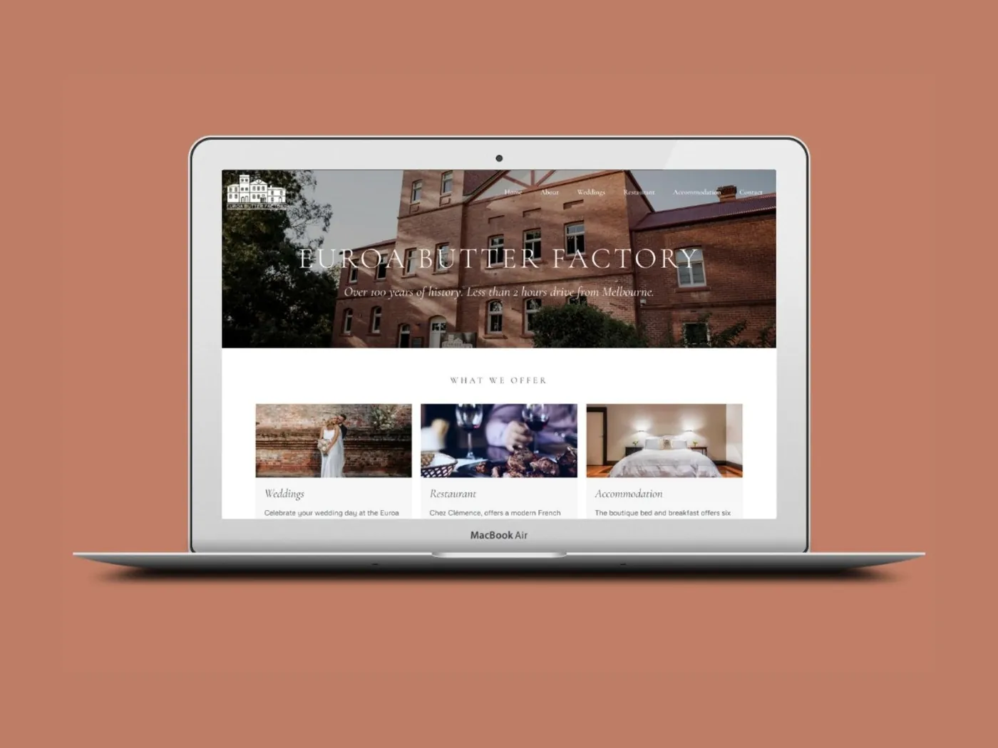 Euroa Butter Factory wedding venue and accommodation website on a laptop, designed by SKCREATIVE